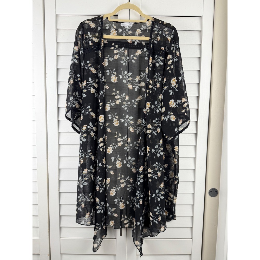 Emory Park Kimono XL Black Floral Sheer Chiffon Crochet Trim Open Front